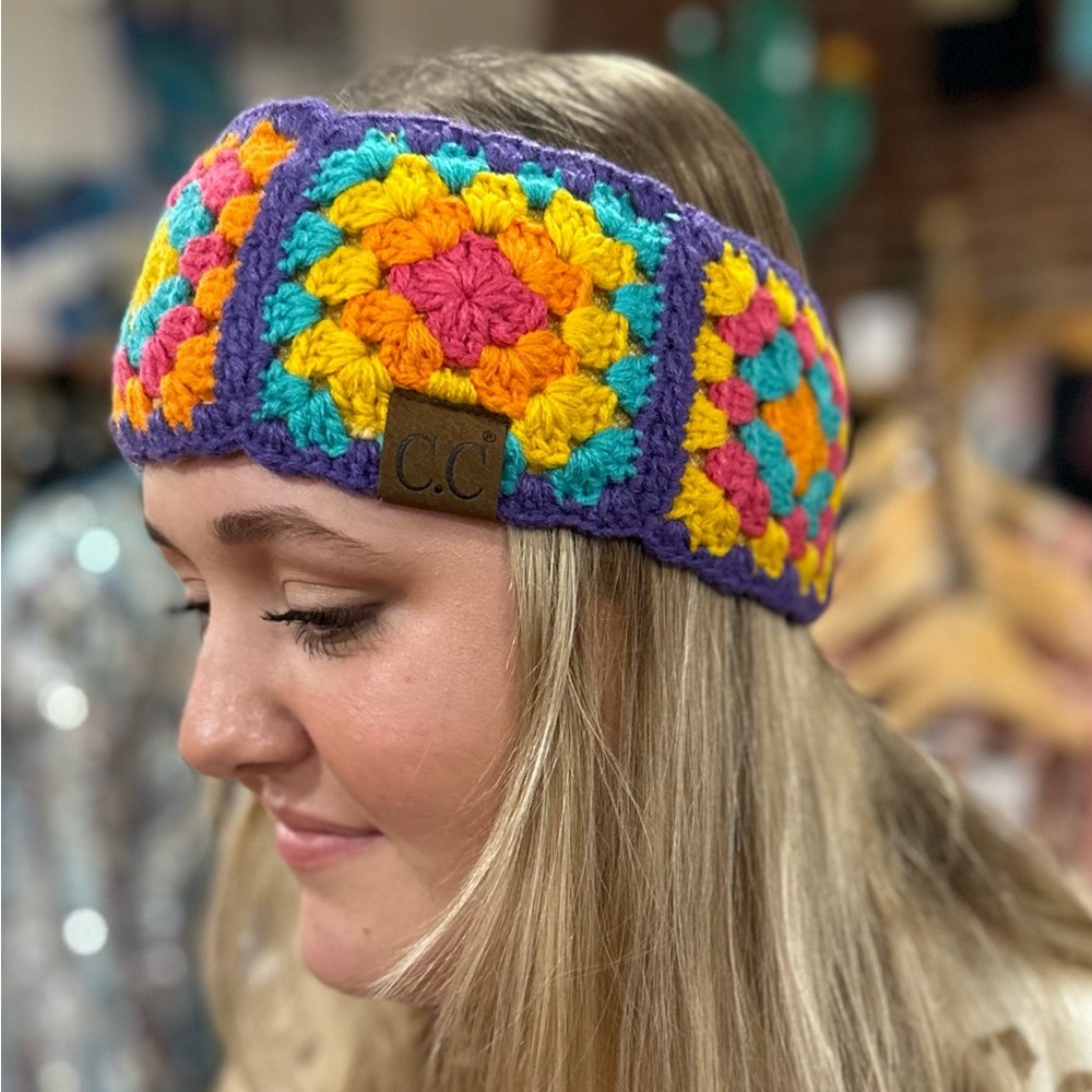 C.C. Hand Crochet Headwrap purple Pink yellow fuzzy Lined Multi Color New